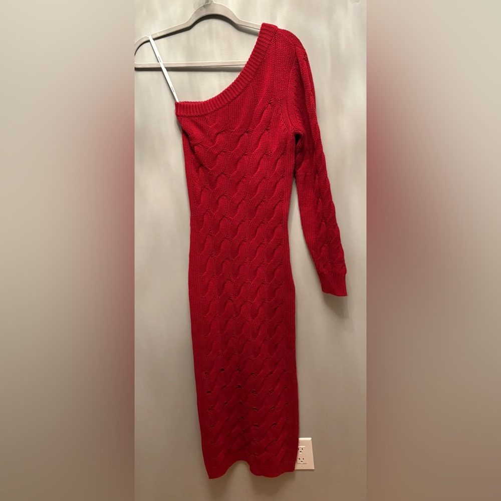 NAADAM Red Wool Cashmere One-Shoulder Cable Knit Midi Dress - size S $375 - Picture 9 of 12